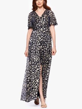 BA Nites Navy and Metallic Gold Foil‎ Maxi Dress With Flutter Sleeves, 8, NWT